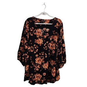 Torrid Tunic Top 5X Black Floral Blouse‎ Lagenlook Challis Chain Link Boho